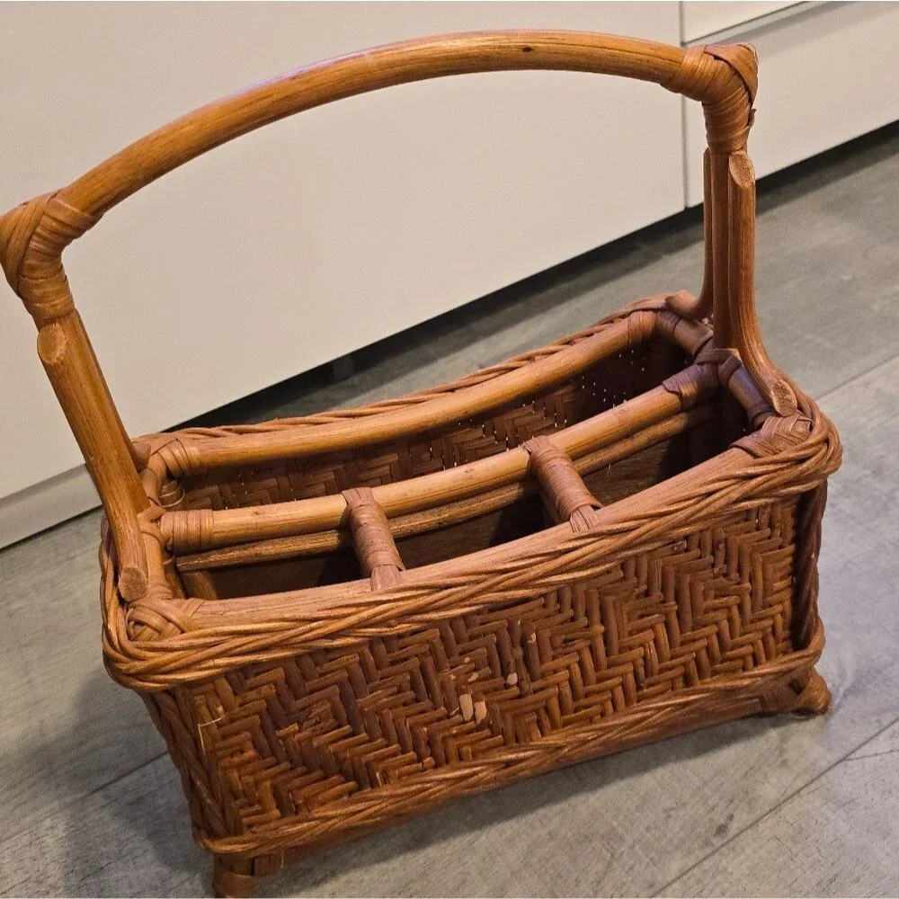 Vintage Bamboo Wicker Basket Utensil Caddy Storage Bohemian Organizer